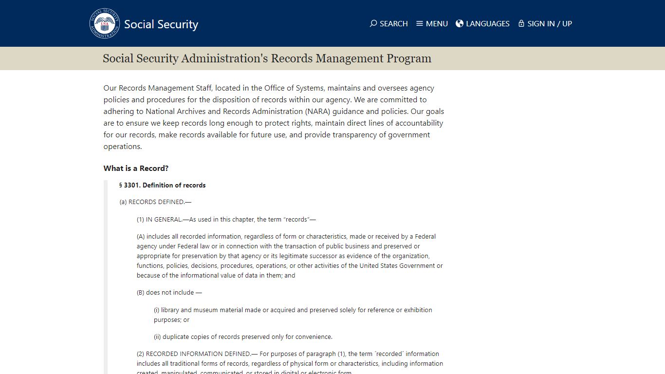 Social Security Administration's Records Management Program